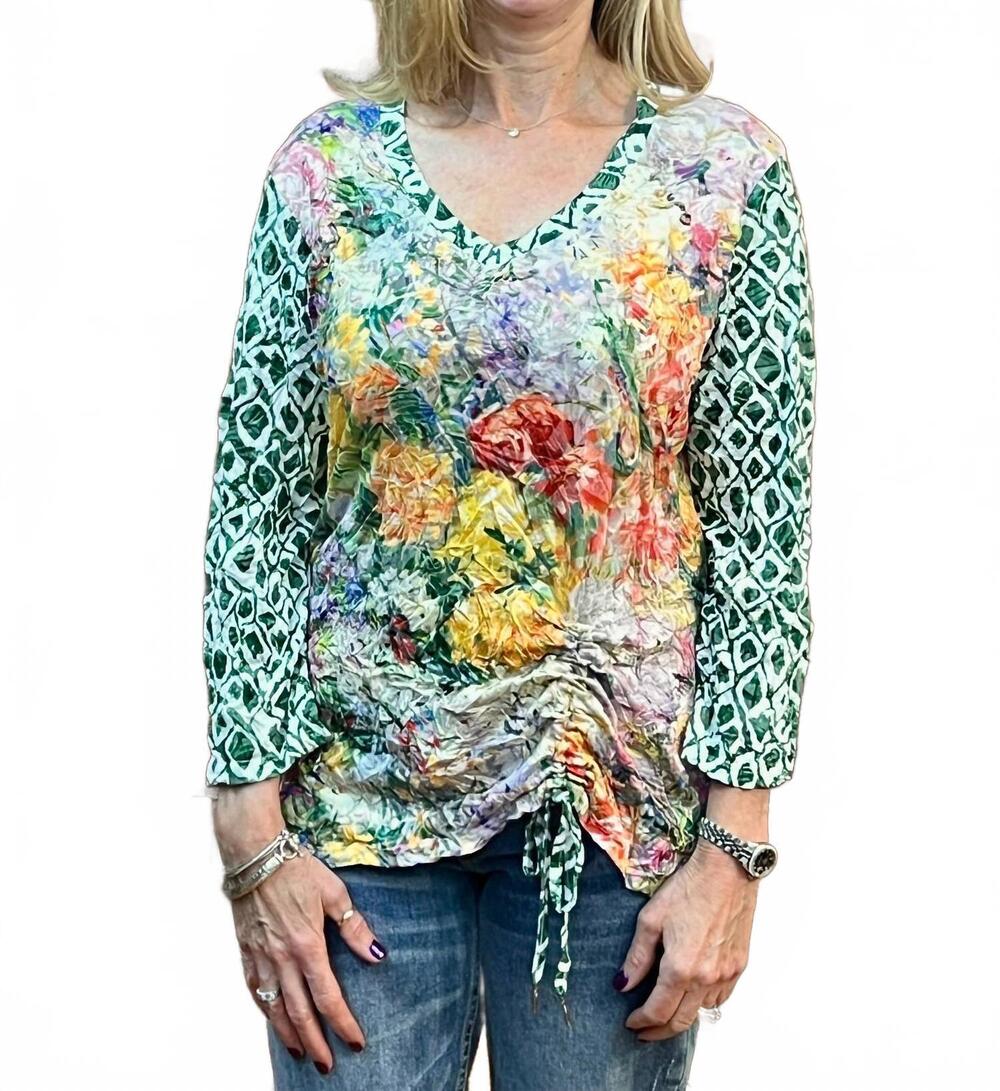 NEW SHANA APPAREL crinkle mix media with drawstring detail top in green
